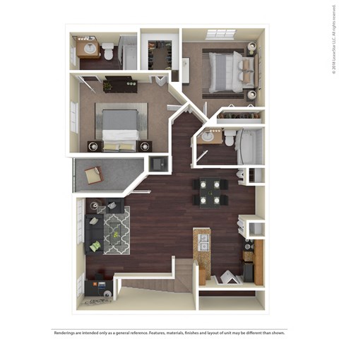 Floor plan for 2 beds, 2 baths, 974 sqft