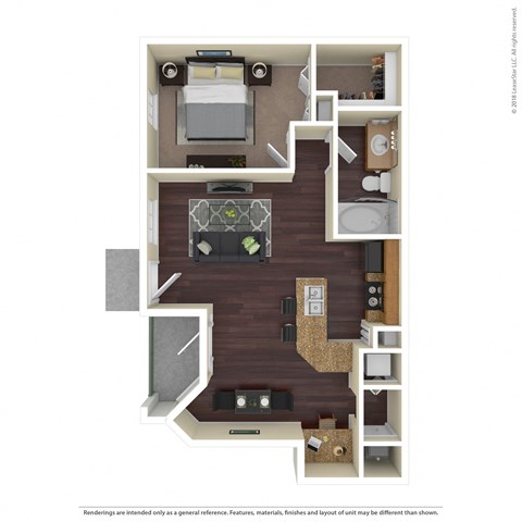Floor plan for 1 bed, 1 bath, 851 sqft