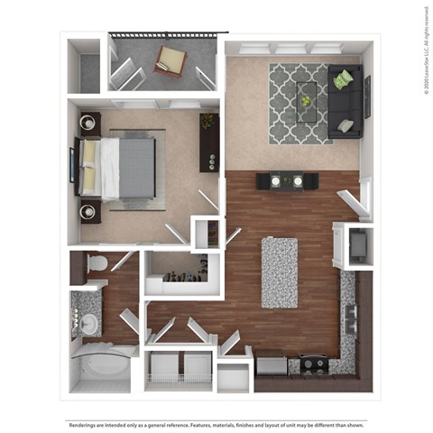 Floor plan for 1 bed, 1 bath, 686 sqft