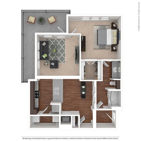 Floor plan for 1 bed, 1 bath, 935 sqft