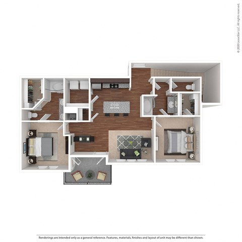 Floor plan for 2 beds, 2 baths, 1136 sqft