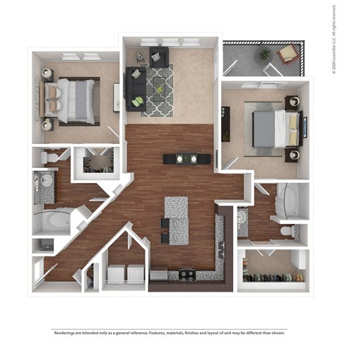 Floor plan for 2 beds, 2 baths, 1232 sqft