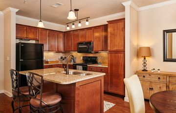 San Antonio apartment for rent - A kitchen with wooden cabinets and a granite countertop.