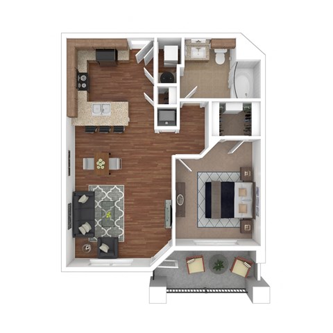 Floor plan for 1 bed, 1 bath, 763 sqft