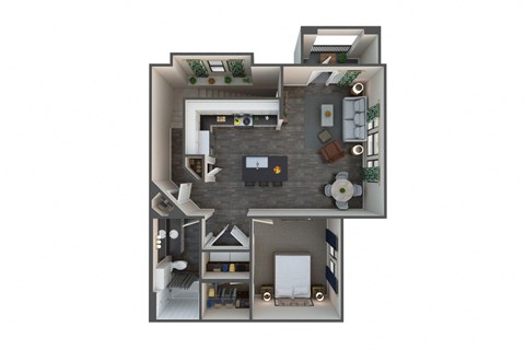 Floor plan for 1 bed, 1 bath, 877 sqft