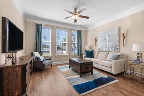 Durham apartment for rent - A living room with a flat screen TV and a large window.