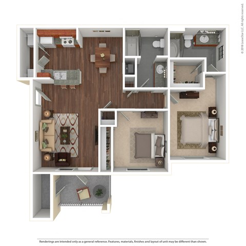 Floor plan for 2 beds, 2 baths, 993 sqft