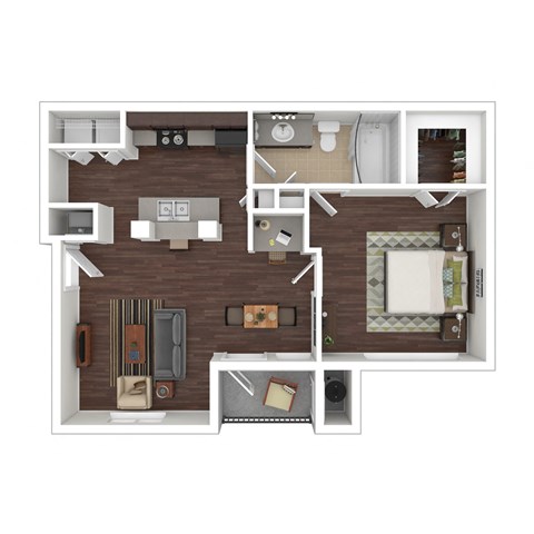 Floor plan for 1 bed, 1 bath, 733 sqft
