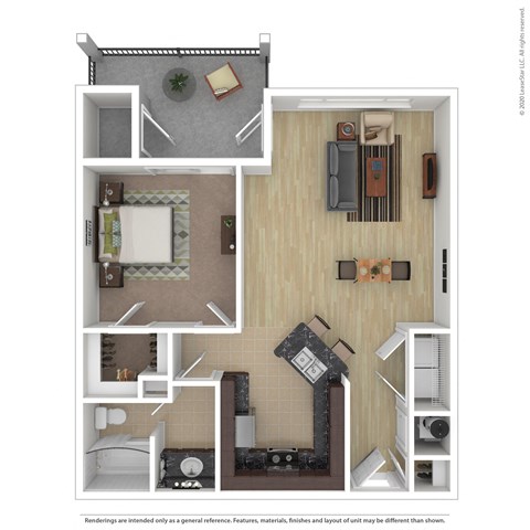 Floor plan for 1 bed, 1 bath, 743 sqft