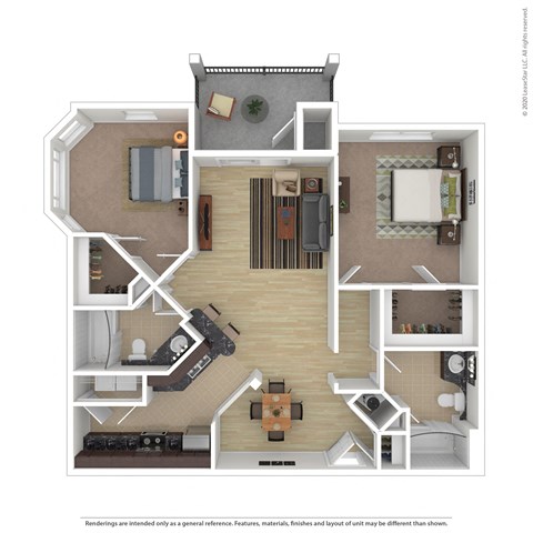 Floor plan for 2 beds, 2 baths, 1064 sqft