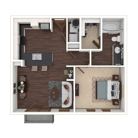 Floor plan for 1 bed, 1 bath, 619 sqft