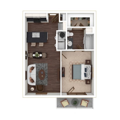 Floor plan for 1 bed, 1 bath, 651 sqft