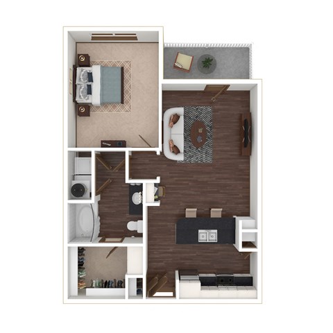 Floor plan for 1 bed, 1 bath, 733 sqft