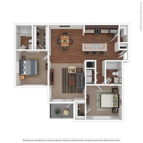 Floor plan for 2 beds, 2 baths, 1050 sqft