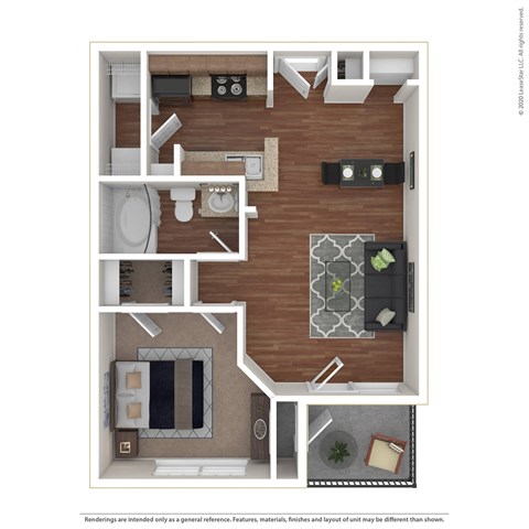 Floor plan for 1 bed, 1 bath, 558 sqft