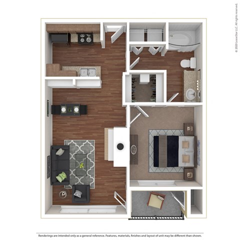 Floor plan for 1 bed, 1 bath, 663 sqft