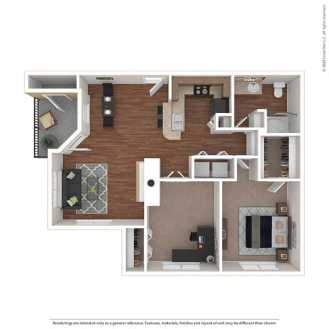 Floor plan for 2 beds, 1 bath, 967 sqft