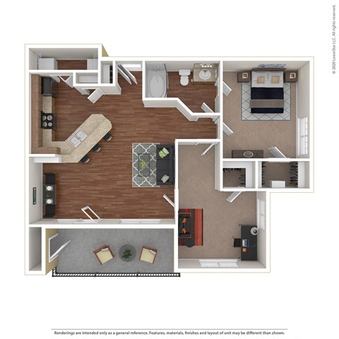 Floor plan for 2 beds, 1 bath, 947 sqft