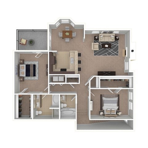 Floor plan for 2 beds, 2 baths, 1343 sqft