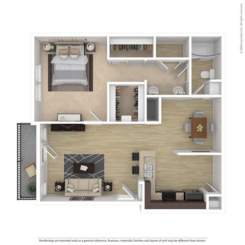 Floor plan for 1 bed, 1 bath, 884 sqft