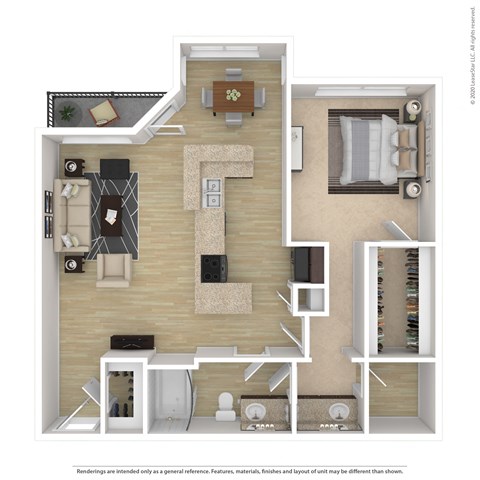 Floor plan for 1 bed, 1 bath, 986 sqft