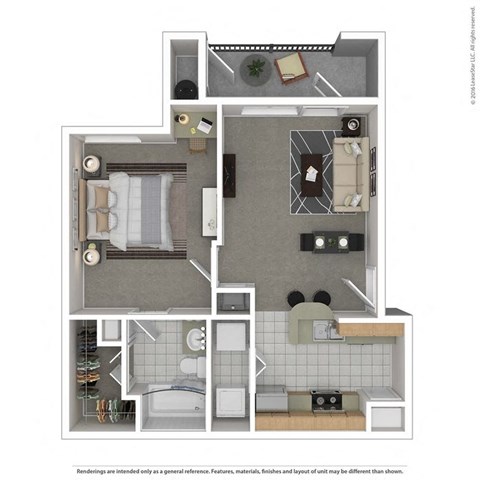 Floor plan for 1 bed, 1 bath, 636 sqft