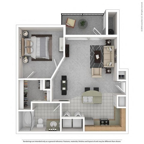 Floor plan for 1 bed, 1 bath, 684 sqft