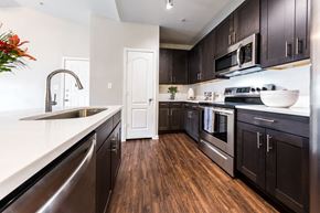 Austin apartment for rent - A modern kitchen with dark wood cabinets and stainless steel appliances.