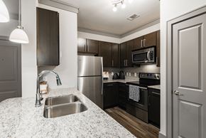 Katy apartment for rent - a kitchen with granite countertops and stainless steel appliances
