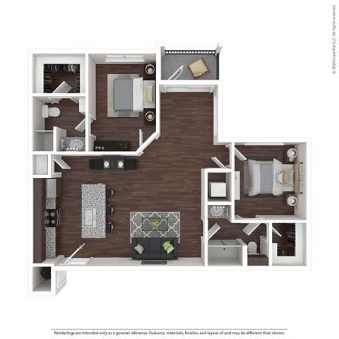 Floor plan for 2 beds, 2 baths, 1023 sqft