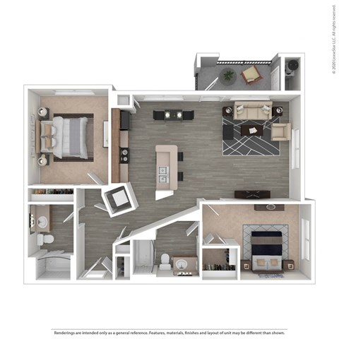 Floor plan for 2 beds, 2 baths, 1129 sqft