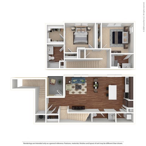 Floor plan for 2 beds, 2.5 baths, 1153 sqft