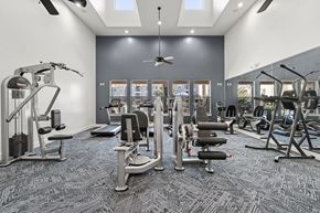 Katy apartment for rent - A spacious gym with a variety of equipment including treadmills, weight machines, and a rowing machine.