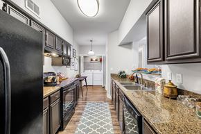 Houston apartment for rent - A kitchen with black cabinets and a black refrigerator.