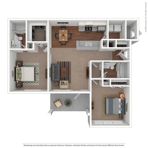 Floor plan for 2 beds, 2 baths, 985 sqft