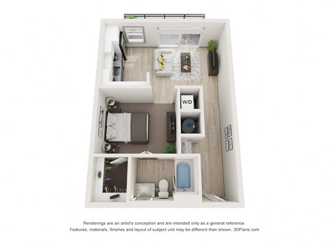 Floor plan for 1 bed, 1 bath, 595 sqft