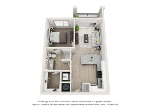 Floor plan for 1 bed, 1 bath, 634 sqft