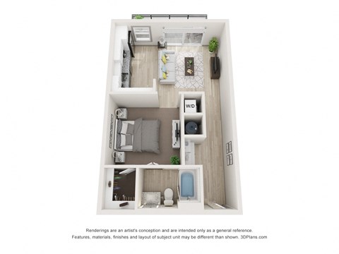 Floor plan for 1 bed, 1 bath, 659 sqft