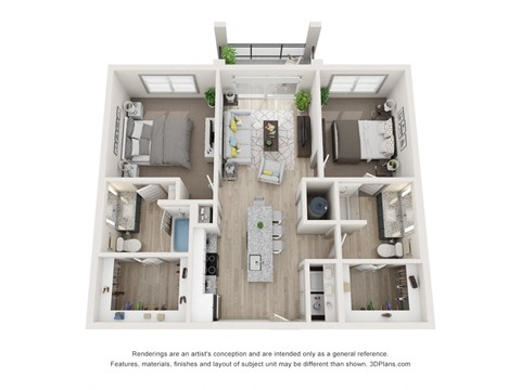 Floor plan for 2 beds, 2 baths, 938 sqft