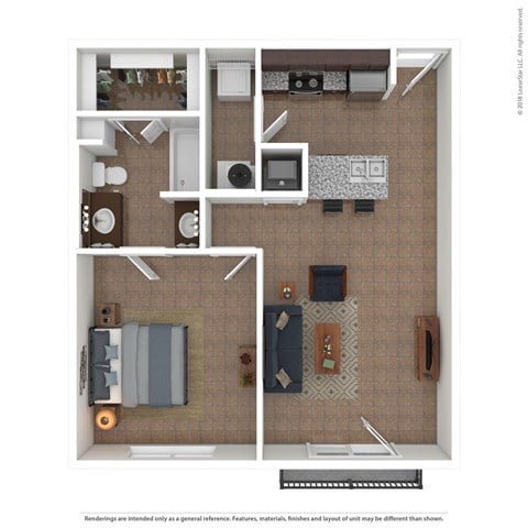 Floor plan for 1 bed, 1 bath, 558 sqft
