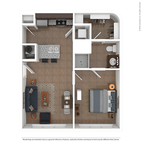 Floor plan for 1 bed, 1 bath, 595 sqft