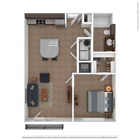 Floor plan for 1 bed, 1 bath, 667 sqft