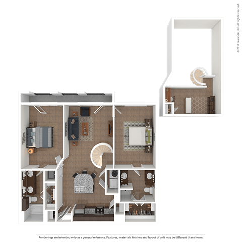 Floor plan for 2 beds, 2 baths, 569 sqft