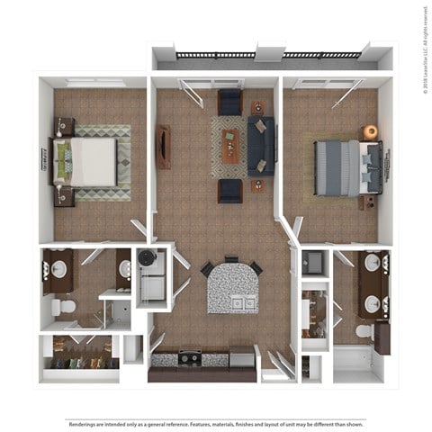 Floor plan for 2 beds, 2 baths, 521 sqft