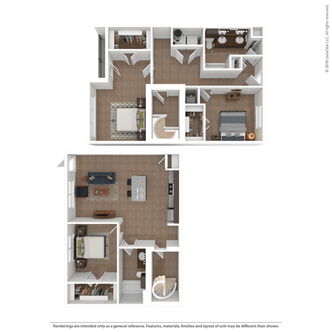 Floor plan for 3 beds, 2 baths, 484 sqft