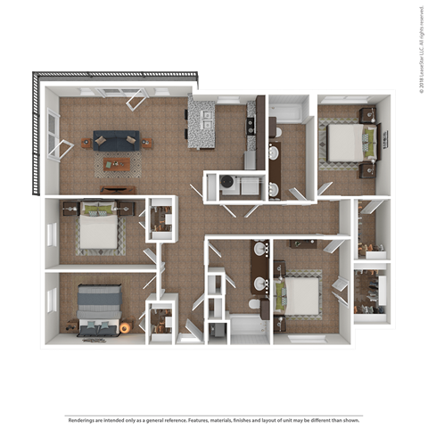 Floor plan for 4 beds, 2 baths, 362 sqft