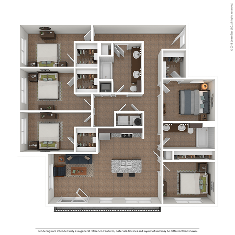Floor plan for 5 beds, 2 baths, 352 sqft