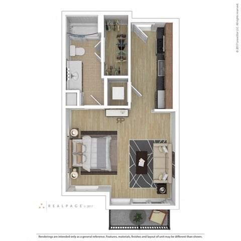 Floor plan for studio, 1 bath, 597 sqft