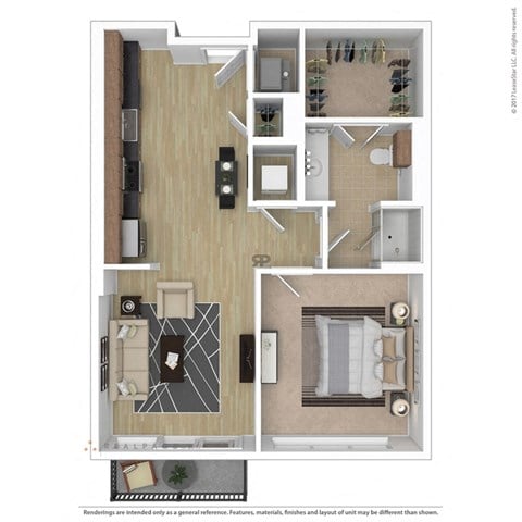 Floor plan for 1 bed, 1 bath, 645 sqft