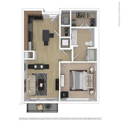 Floor plan for 1 bed, 1 bath, 682 sqft